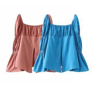 Square-neck Shirred Slit Blouse