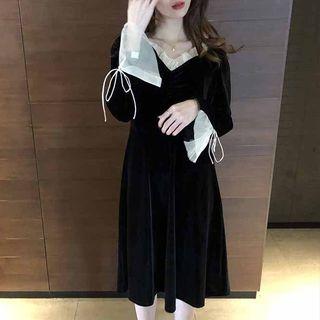 Ruffled Long-sleeve A-line Midi Velvet Dress