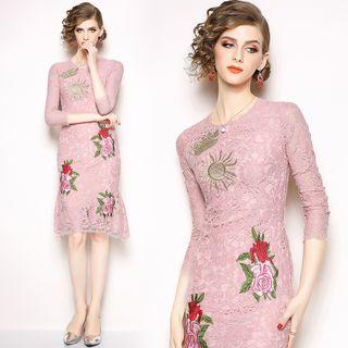 Elbow-sleeve Lace Embroidered Sheath Dress