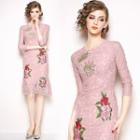 Elbow-sleeve Lace Embroidered Sheath Dress