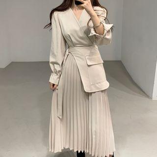 Mock Two-piece Long-sleeve Pleated Midi A-line Skirt