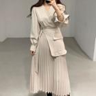 Mock Two-piece Long-sleeve Pleated Midi A-line Skirt