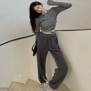 Long-sleeve Striped Tie-hem T-shirt / High-waist Drawstring Hem Sweapants