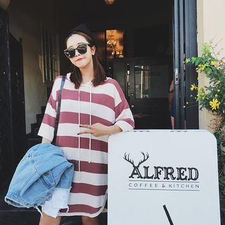 Hooded Drawstring Striped Knit Dress