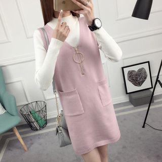 Set: Mock Neck Knit Top + Zip Front Knit Pinafore Dress