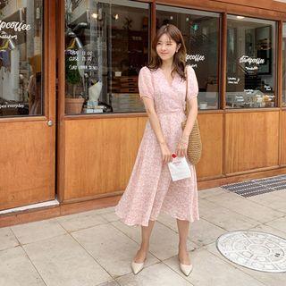 Puff-sleeve Floral Midi Chiffon Dress Red - One Size