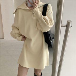 Lantern-sleeve Half-zip Knit Dress