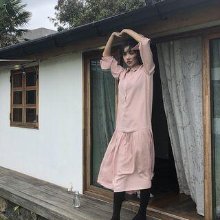Long-sleeve Placket Midi Dress Pink - One Size