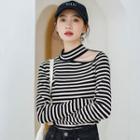 Long-sleeve Striped Mock Neck Cutout Knit Top