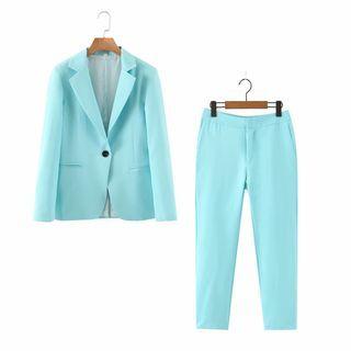 Plain Single-button Blazer / High-waist Dress Pants