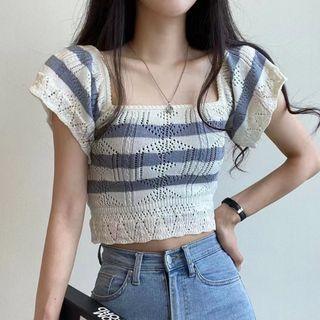 Short Sleeve Square Neck Eyelet Knit Top
