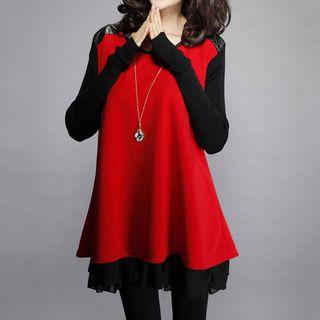 Mock Two Piece Faux-leather Panel Long-sleeve A-line Dress