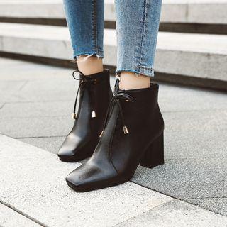 Bow-accent Faux Leather Block Heel Ankle Boots
