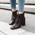 Bow-accent Faux Leather Block Heel Ankle Boots