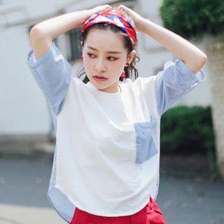 Elbow-sleeve Dip-back Pinstripe Panel Top