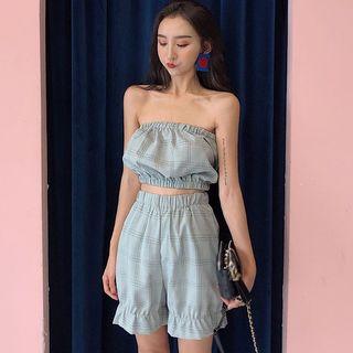 Set: Plaid Tube Top + Plaid Shorts Plaid - Light Blue - One Size