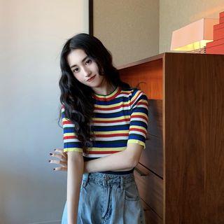 Striped Short Sleeve T-shirt As Shown In Figure - One Size