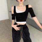 Short-sleeve Mock Two-piece Cutout Crop Top Black - One Size
