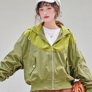 Batwing Sleeve Velvet Panel Hooded Zip Jacket