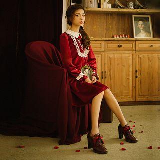 Lace Trim Embroidered Long-sleeve Collared Dress