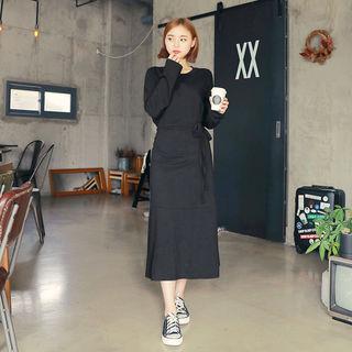 Set: Round-neck T-shirt + Wrap-front Long Skirt