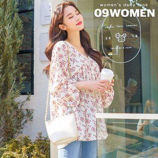 V-neck Patterned Shirred Blouse
