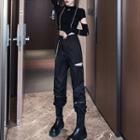 Long-sleeve Contrast Trim Cutout T-shirt / Baggy Pants / Set