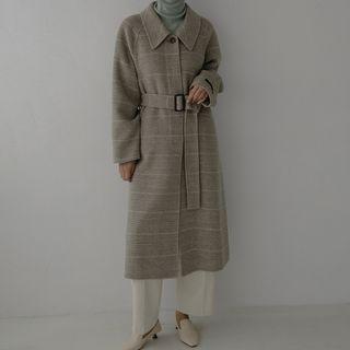 Raglan Glen-plaid Long Coat With Belt Dark Beige - One Size