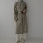 Raglan Glen-plaid Long Coat With Belt Dark Beige - One Size
