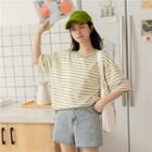 Elbow-sleeve Striped T-shirt Stripes - Almond & Green - One Size