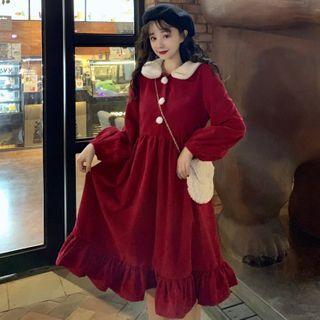 Long-sleeve Ruffle Hem Midi A-line Dress Red - One Size