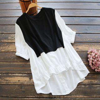 3/4-sleeve Paneled Shirt Black - One Size