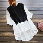 3/4-sleeve Paneled Shirt Black - One Size