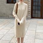 Long-sleeve Plain Knit Dress / Knit Vest