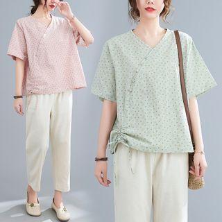 Short-sleeve Frog Buttoned Top / Straight Leg Pants / Set