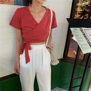 Plain Wrap Tie-waist Short-sleeve Crop Top