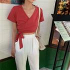 Plain Wrap Tie-waist Short-sleeve Crop Top