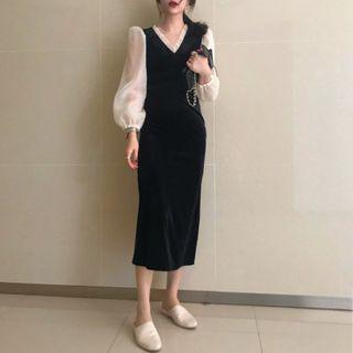 Balloon-sleeve V-neck Velvet Midi Sheath Dress