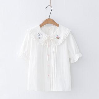 Puff-sleeve Dog Embroidered Blouse