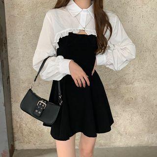 Long-sleeve Ruffle Trim Cropped Blouse / Plain Spaghetti Strap Mini Dress