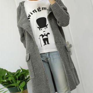 Hooded Rib-knit Long Cardigan