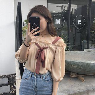 Frilled Off-shoulder Puff Elbow-sleeve Top