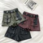 Plain High-waist Faux Leather Cargo Shorts With Belt