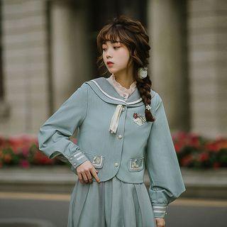 Balloon-sleeve Floral Embroidered Buttoned Jacket