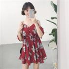 Elbow-sleeve Floral Print Open Shoulder A-line Dress