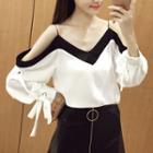 Color Block Cold Shoulder Chiffon Blouse