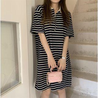 Short-sleeve Striped Polo Collar Half-zip Knit Dress