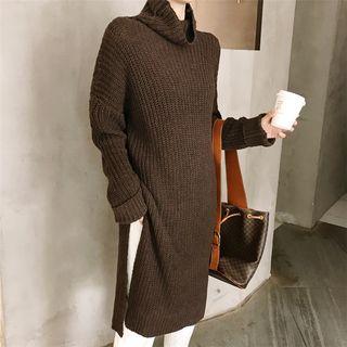 Long-sleeve High-neck Knit Dress Coffee - One Size