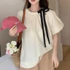 Puff-sleeve Ribbon Blouse Almond - One Size