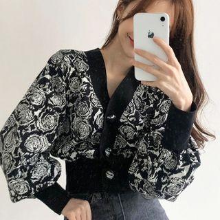 Puff-sleeve Rose Pattern Knit Blouse